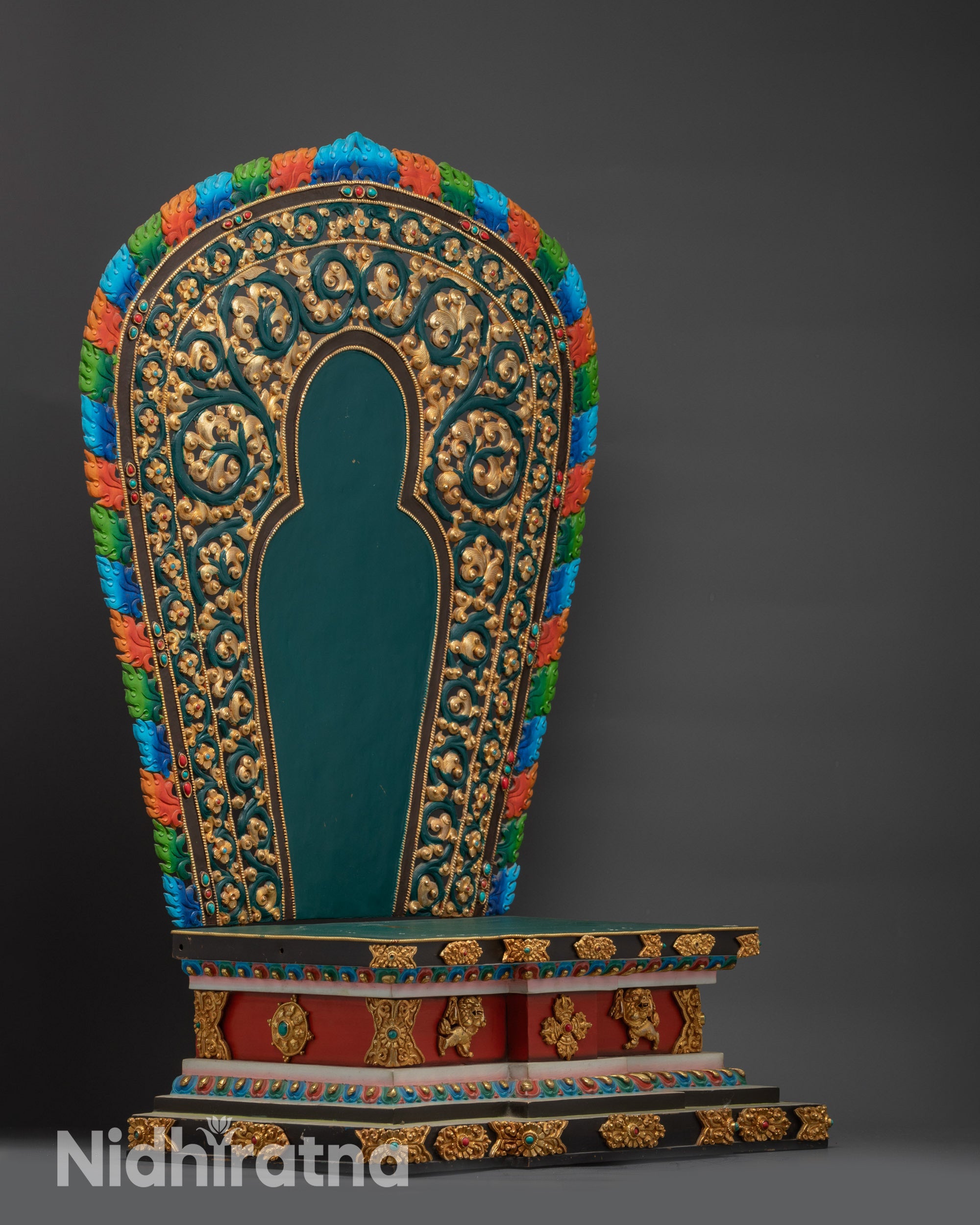 Himalayan Tibetan throne right side view with lion base and painted details
