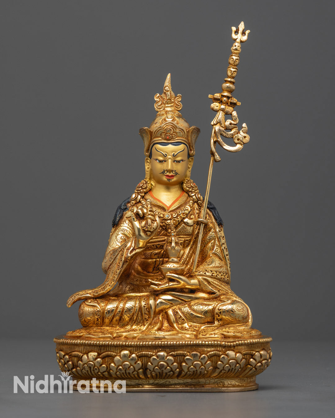 Himalayan Tsokye Dorje Sculpture handcrafted in Nepal with 24K gold fire-gilding and gold-gilded face, seated on lotus
