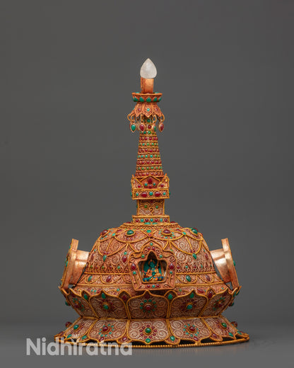 Himalayan gold and copper-plated Buddhist Stupa with emerald and ruby stones