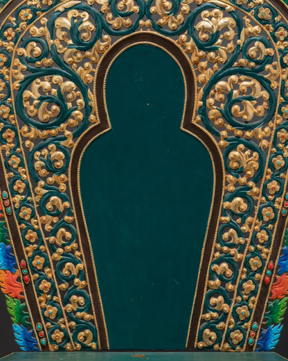 Himalayan lion throne detailed close up of arched backrest with floral design
