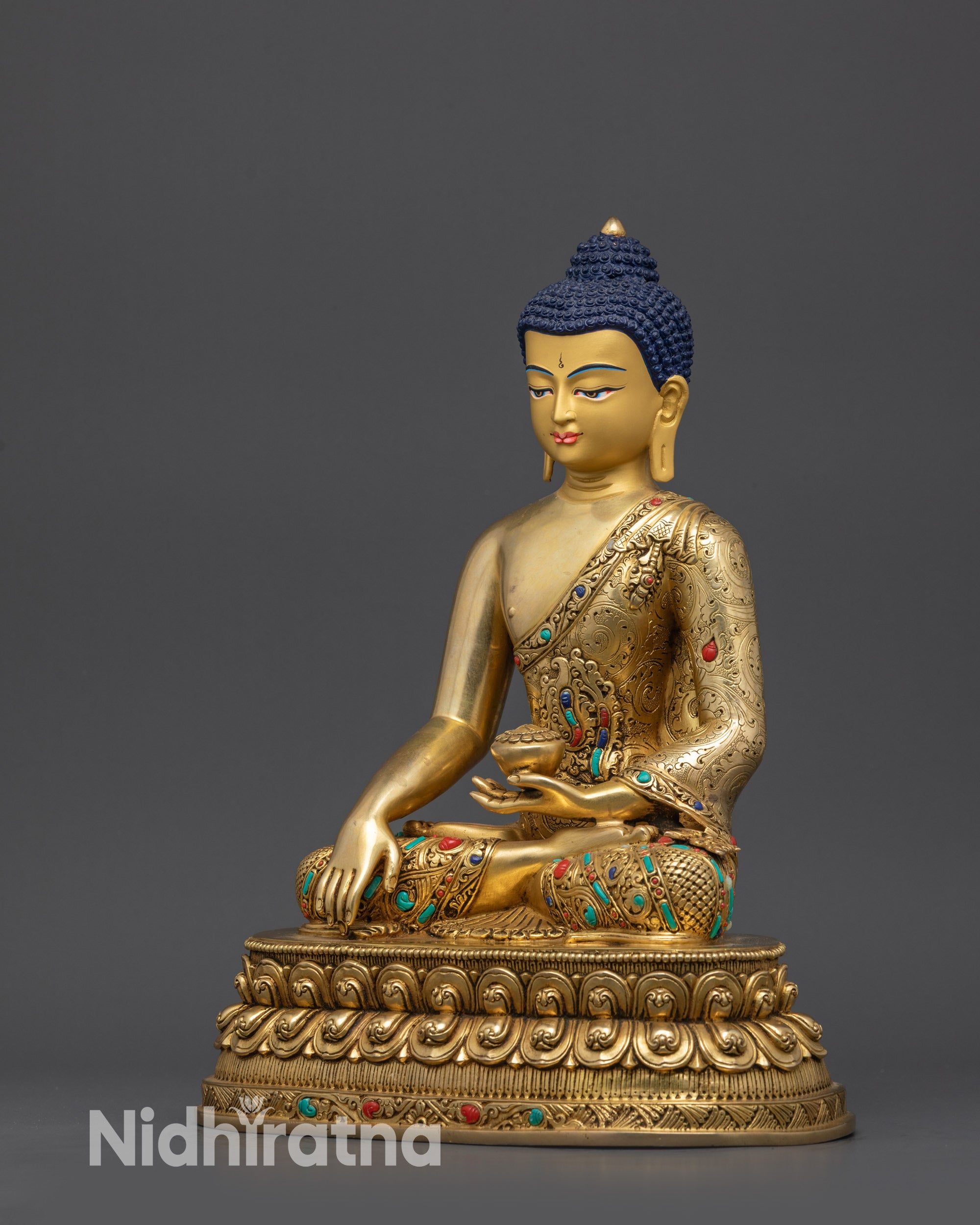 Intricate Robe and Semi-Precious Stone Details on Shakyamuni Buddha Statue