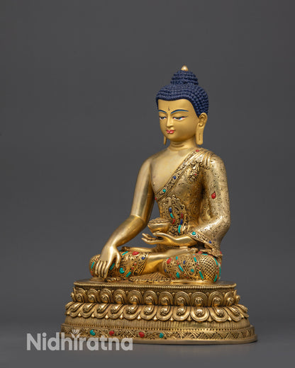 Intricate Robe and Semi-Precious Stone Details on Shakyamuni Buddha Statue