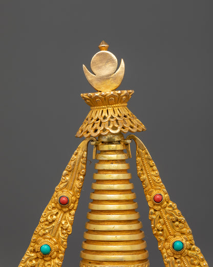 Intricate Tibetan Stupa with Miniature Deities and Filigree Detailing
