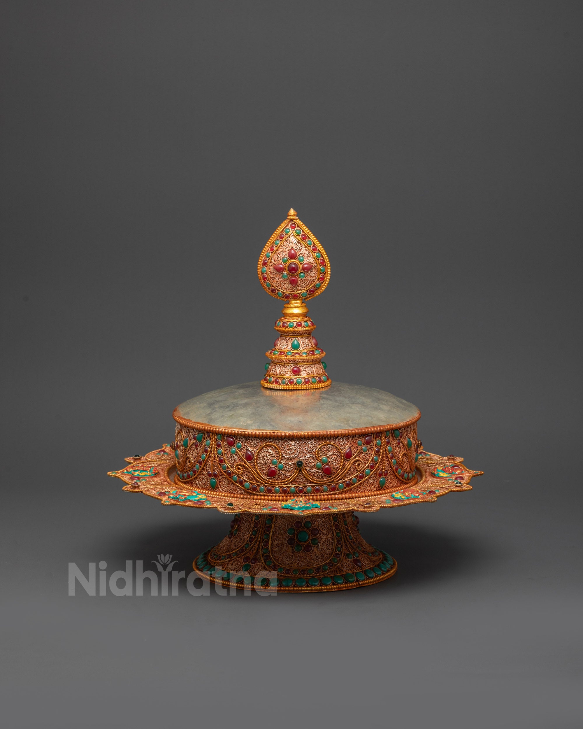 Intricate filigree design on sacred Tibetan Ratna Mandala for meditation and spiritual harmony
