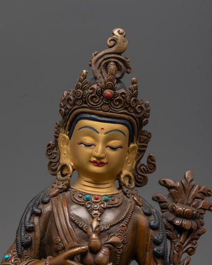 Intricately carved Oxidized Manjushri Statue showcasing floating robe, jeweled crown, and rich acrylic detailing.