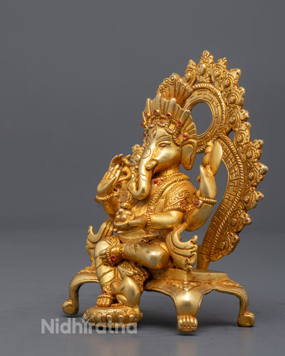 Intricately carved side view of Ganesha statue showing detailed crown, robe, and mouse symbol – handcrafted lost wax sculpture