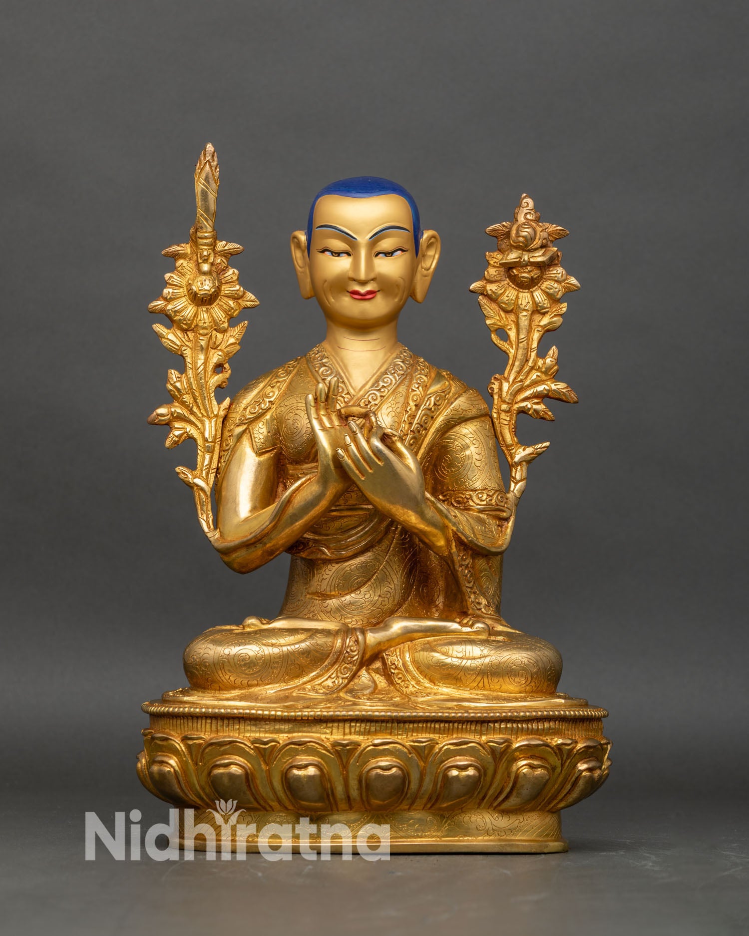 Je Tsongkhapa statue front view, copper and gold Gelug founder on lotus throne