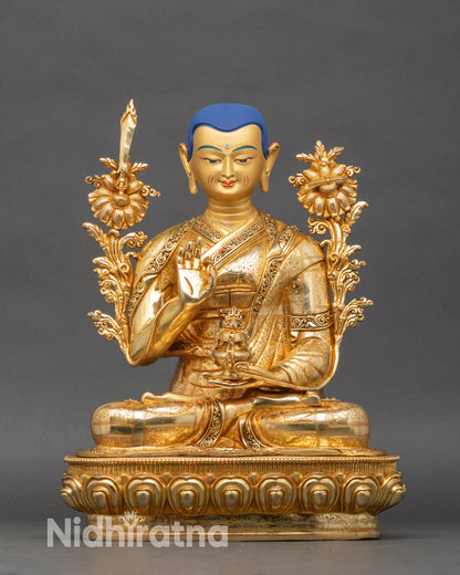 Je Tsongkhapa copper statue seated on lotus pedestal with gold-painted face