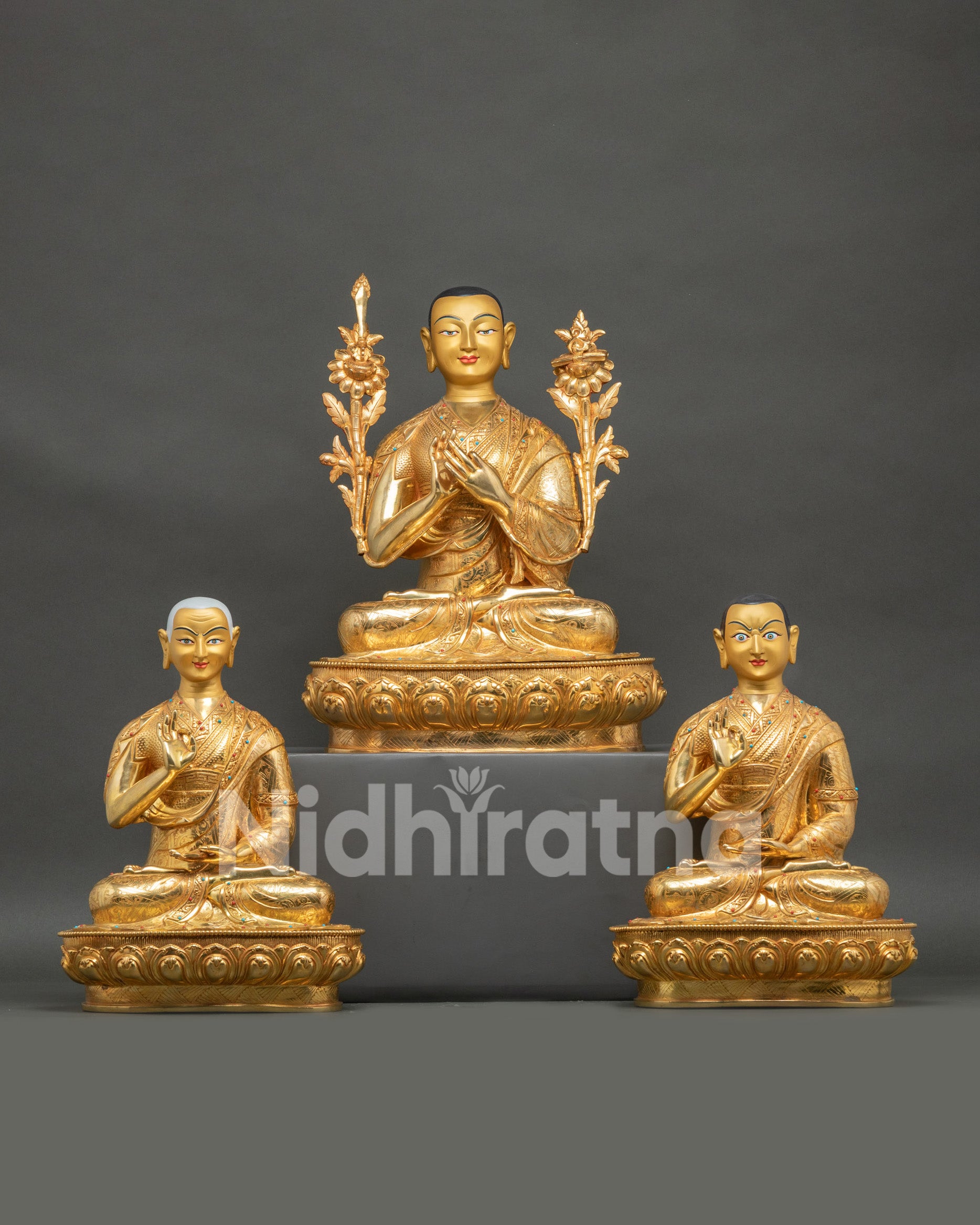 Je Tsongkhapa set statue front view with Gyaltsab Je and Khedrup Je, gold Nepalese artwork