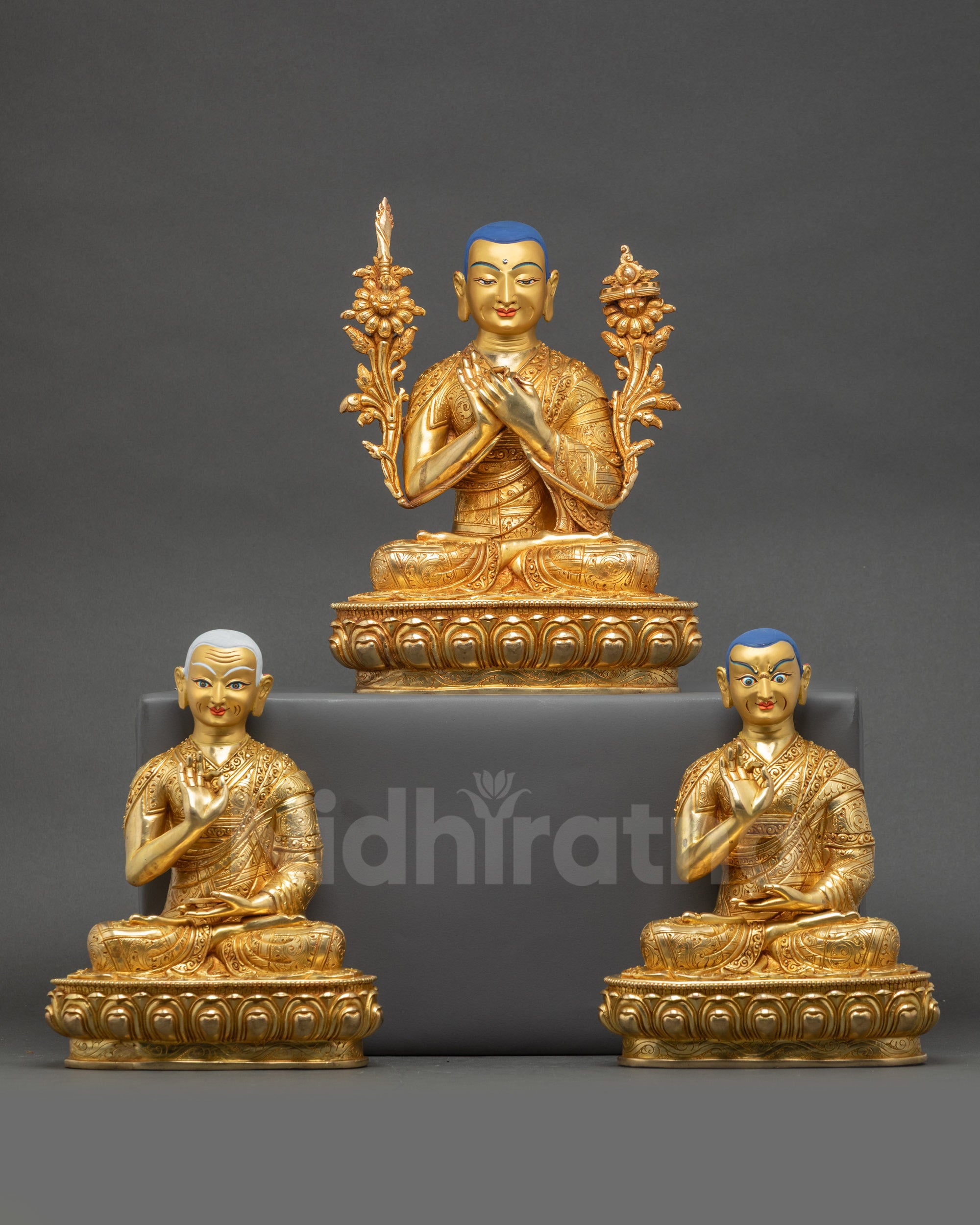 Je Tsongkhapa statue set with disciples, gold-gilded Himalayan Buddhist art