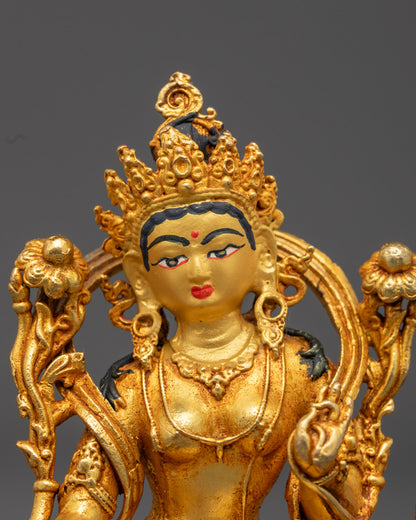 Jeweled Crown and Vibrant Acrylic Colors on Green Tara Buddhist Statue