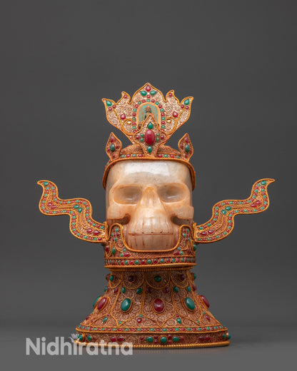 Jeweled Skull Head front view handmade in Nepal with coral and turquoise inlays