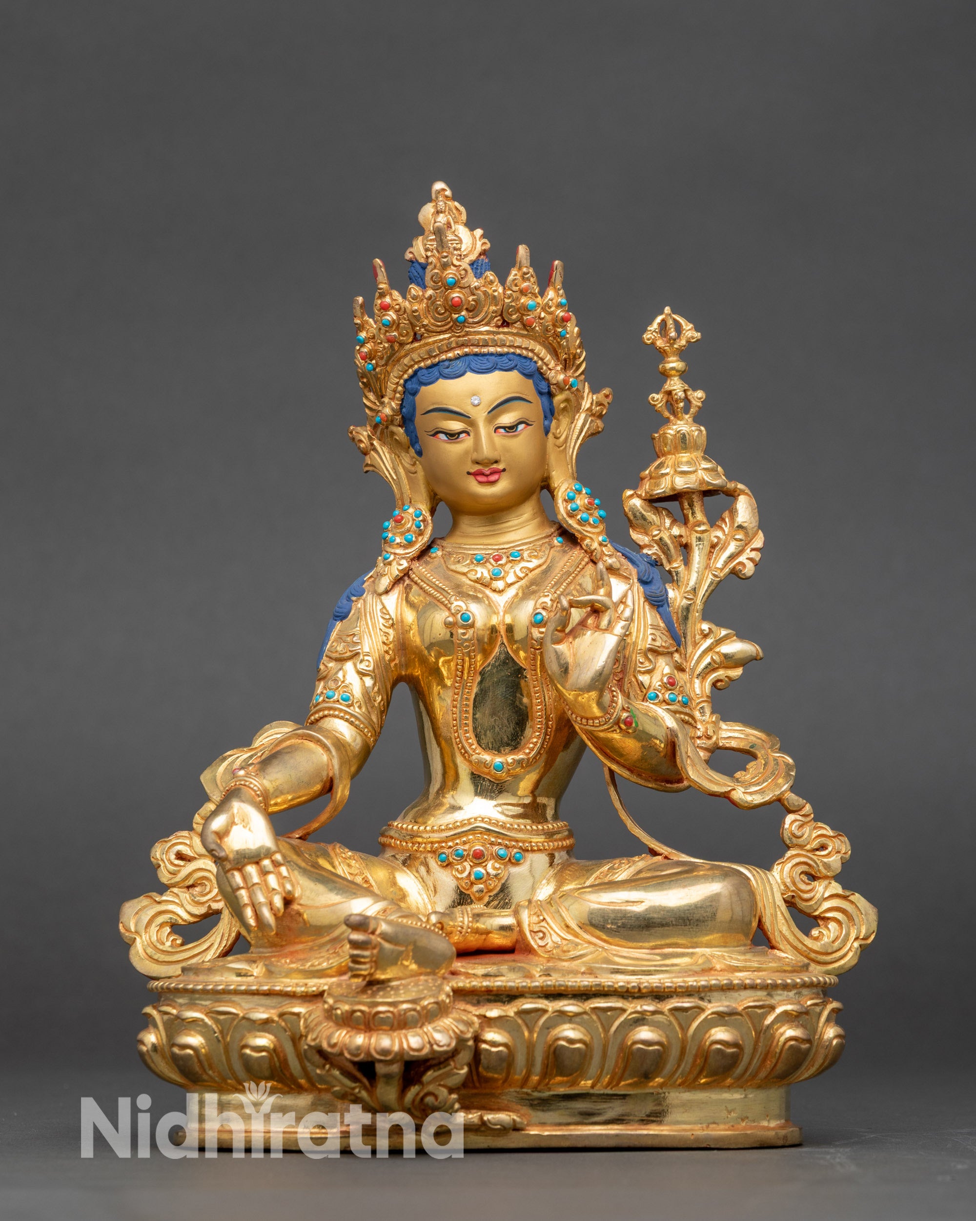 Jigjé Chenmo left view side, serene expression with detailed lotus seat carving