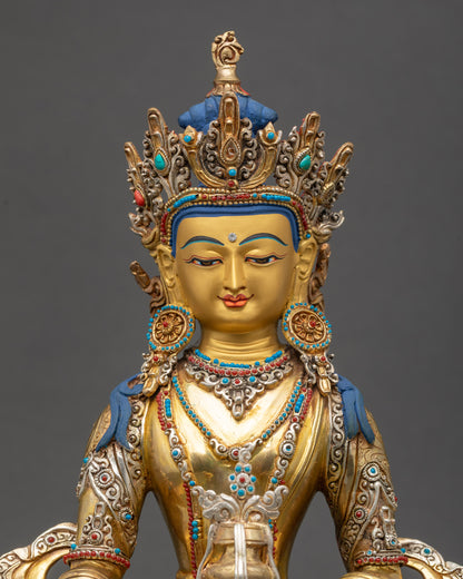 Jizo Ksitigarbha Statue close up gold and silver plated Nepalese sculpture