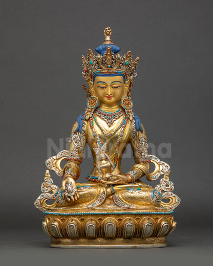 Jizo Ksitigarbha Statue front view gold-gilded copper Nepalese artwork