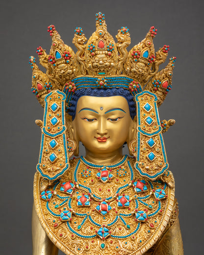 Close-up of Jowo Buddha Statue’s gold-gilded face, serene expression, handcrafted by Newari artisans.