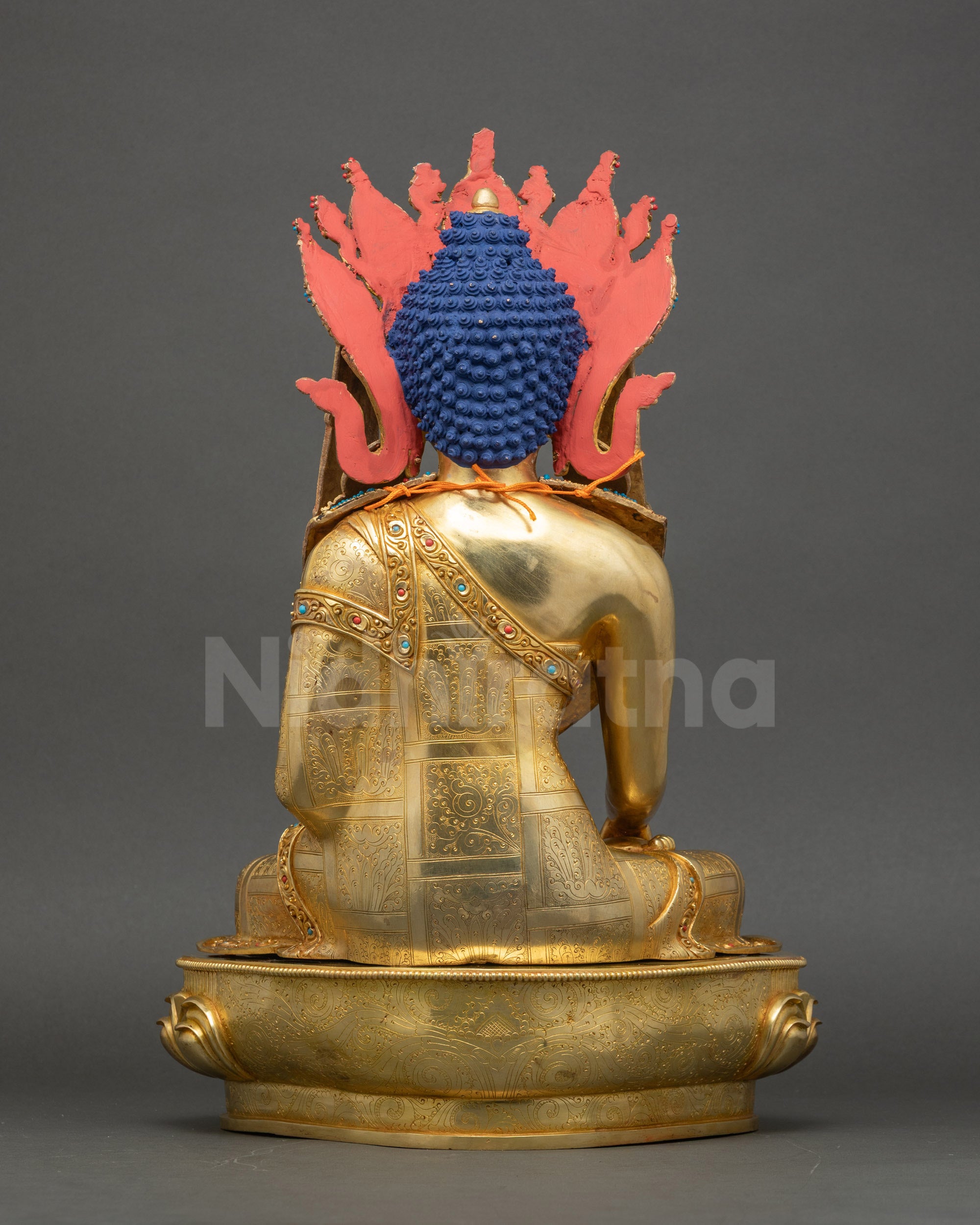 Back view of Jowo Buddha Statue, handcrafted Nepalese copper, gold-gilded lotus pedestal, altar décor.