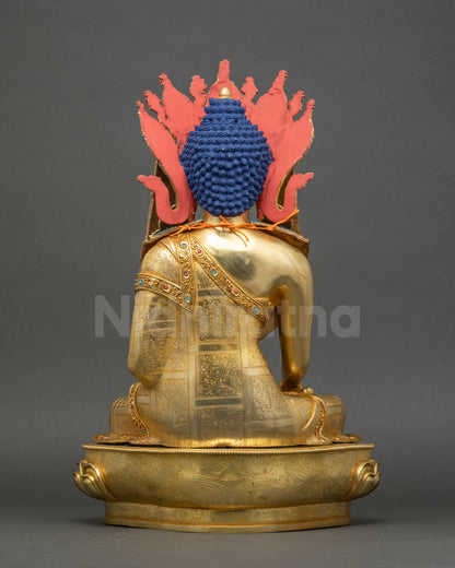 Back view of Jowo Buddha Statue, handcrafted Nepalese copper, gold-gilded lotus pedestal, altar décor.