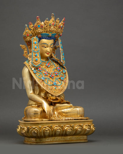 Right side view of Nepalese handcrafted Jowo Buddha Statue, copper with gold fire-gilding and 3D carvings.