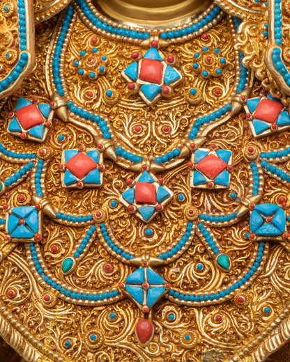 Detailed close-up of floral necklace on Jowo Shakyamuni Rinpoche Sculpture highlighting intricate carving