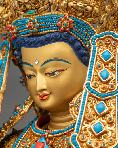 Detailed close-up of Jowo Shakyamuni Rinpoche’s serene gold-painted face with tranquil gaze, refined sculpting