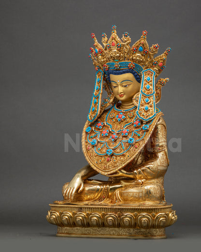 Left side view of Jowo Shakyamuni Rinpoche Statue revealing detailed 3D carvings, gold fire-gilded surface,