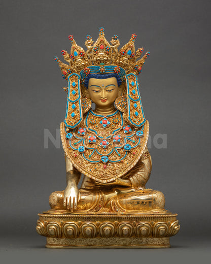 Front view of Jowo Shakyamuni Rinpoche Statue handcrafted in Nepal from copper with triple gold fire-gilding