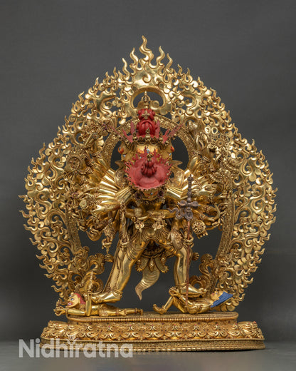 Kalachakra Statue front view, copper and gold fire-gilded Newari Buddhist sculpture