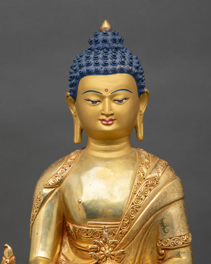 King of Medicine Bhaisajyaguru statue, handcrafted Patan Nepal, 24K gold face