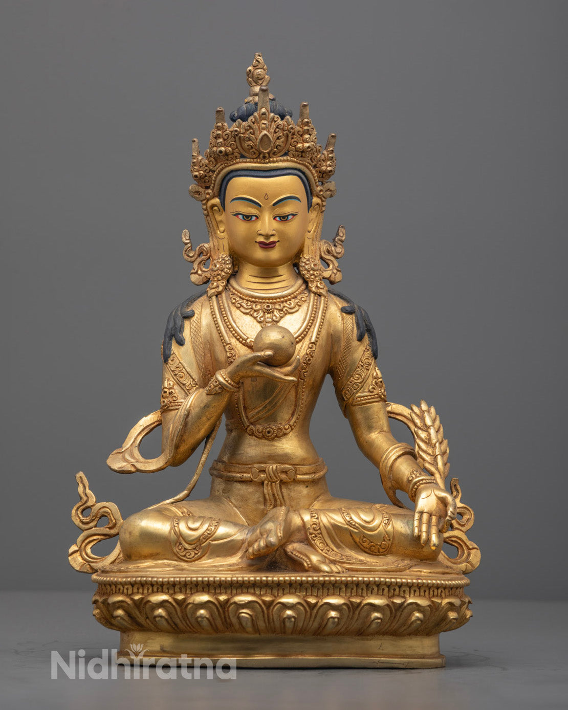 Hand-Carved Kshitigarbha Bodhisattva Statue Adorned with 24k Gold and Semi-Precious Stones, Seated on a Lotus Throne