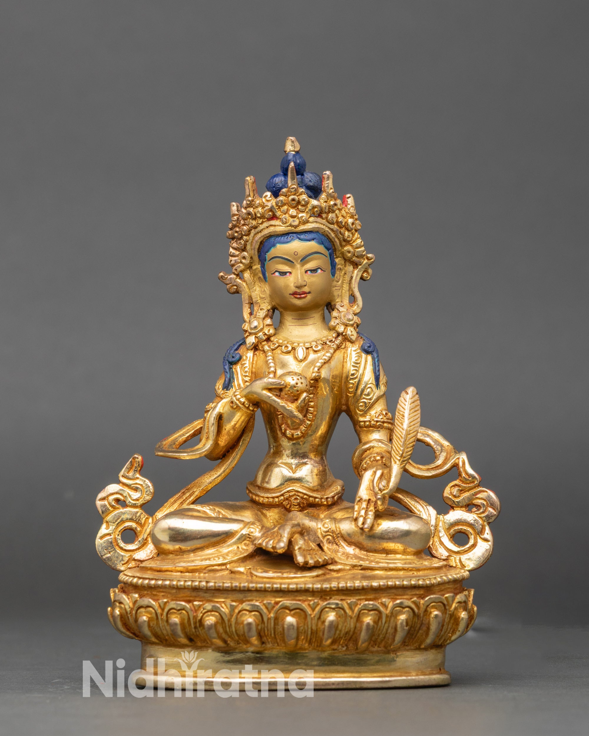 Kshitigarbha Bodhisattva statue seated on lotus, gold fire-gilded Nepalese artwork