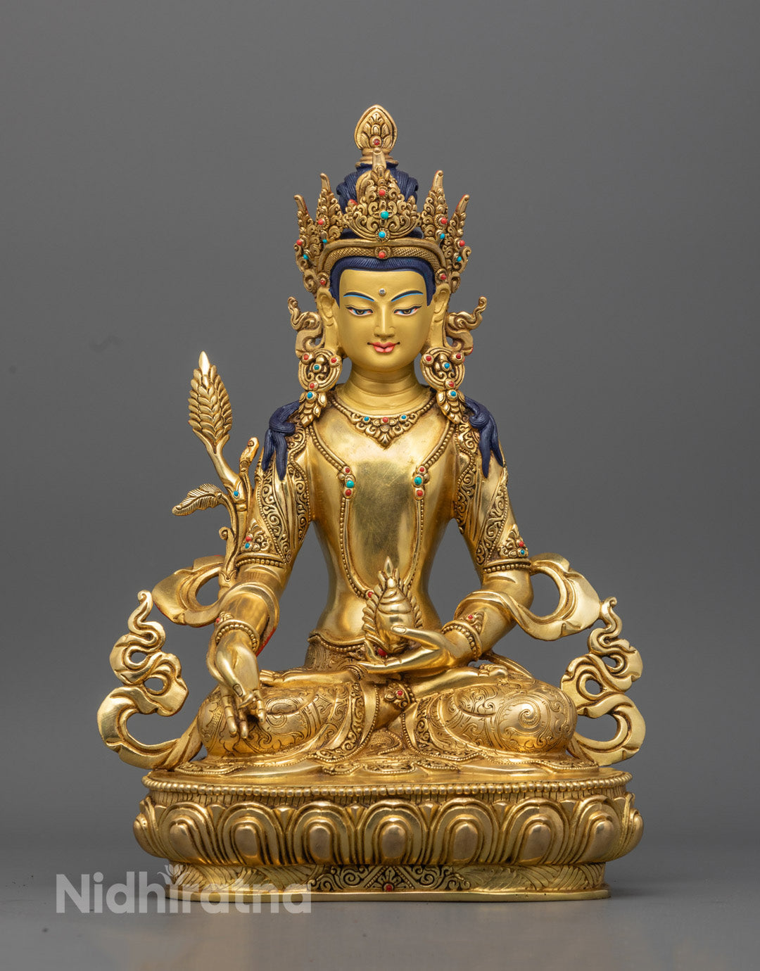 Kshitigarbha Statue - Handcrafted Tibetan Sculpture in 24K Gold Gilded Copper on Lotus Throne