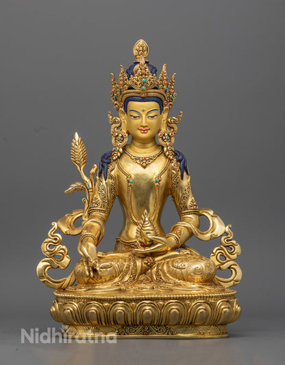 Kshitigarbha Statue - Handcrafted Tibetan Sculpture in 24K Gold Gilded Copper on Lotus Throne