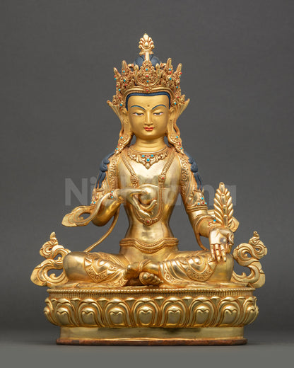 Kshitigarbha Statue, 24K gold gilded copper with turquoise coral stones
