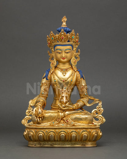 Kshitigarbha Statue, gold fire-gilded copper Bodhisattva on lotus pedestal