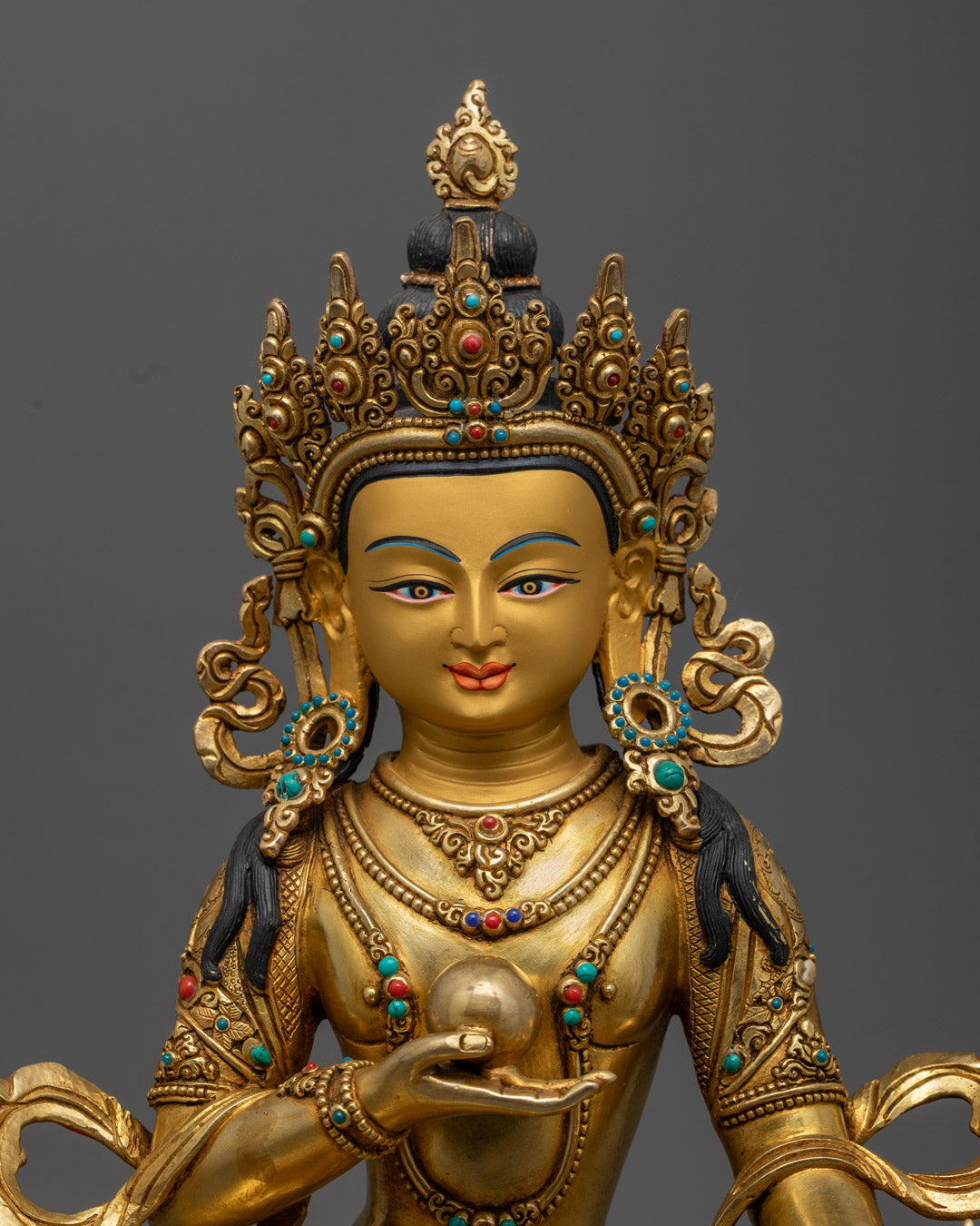 Ksitigarbha Bodhisattva Statue featuring traditional fire-gilded golden copper and intricate hand-carved details