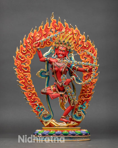 Kurukulla Statue on lotus seat, copper with semi-precious stones, acrylic finish