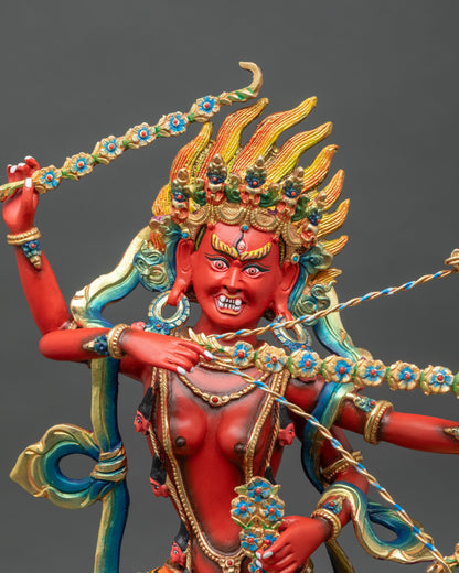 Kurukulla copper statue close-up, vibrant acrylic flames, detailed lotus throne