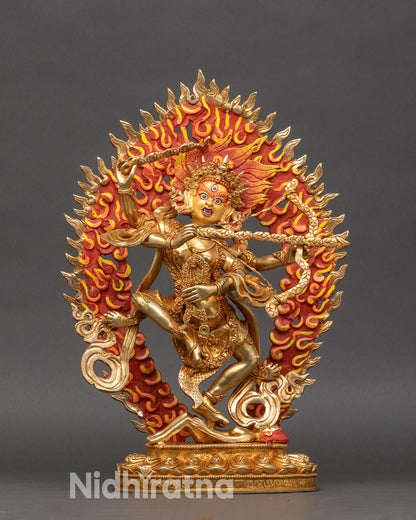 Kurukulla statue on lotus throne, handcrafted Nepalese Buddhist goddess with gold face