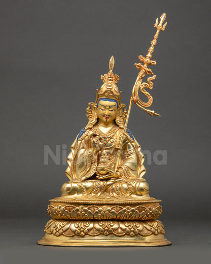 Lake-born Vajra Guru Tsokye Dorje statue, handcrafted Nepalese copper with 24K gold