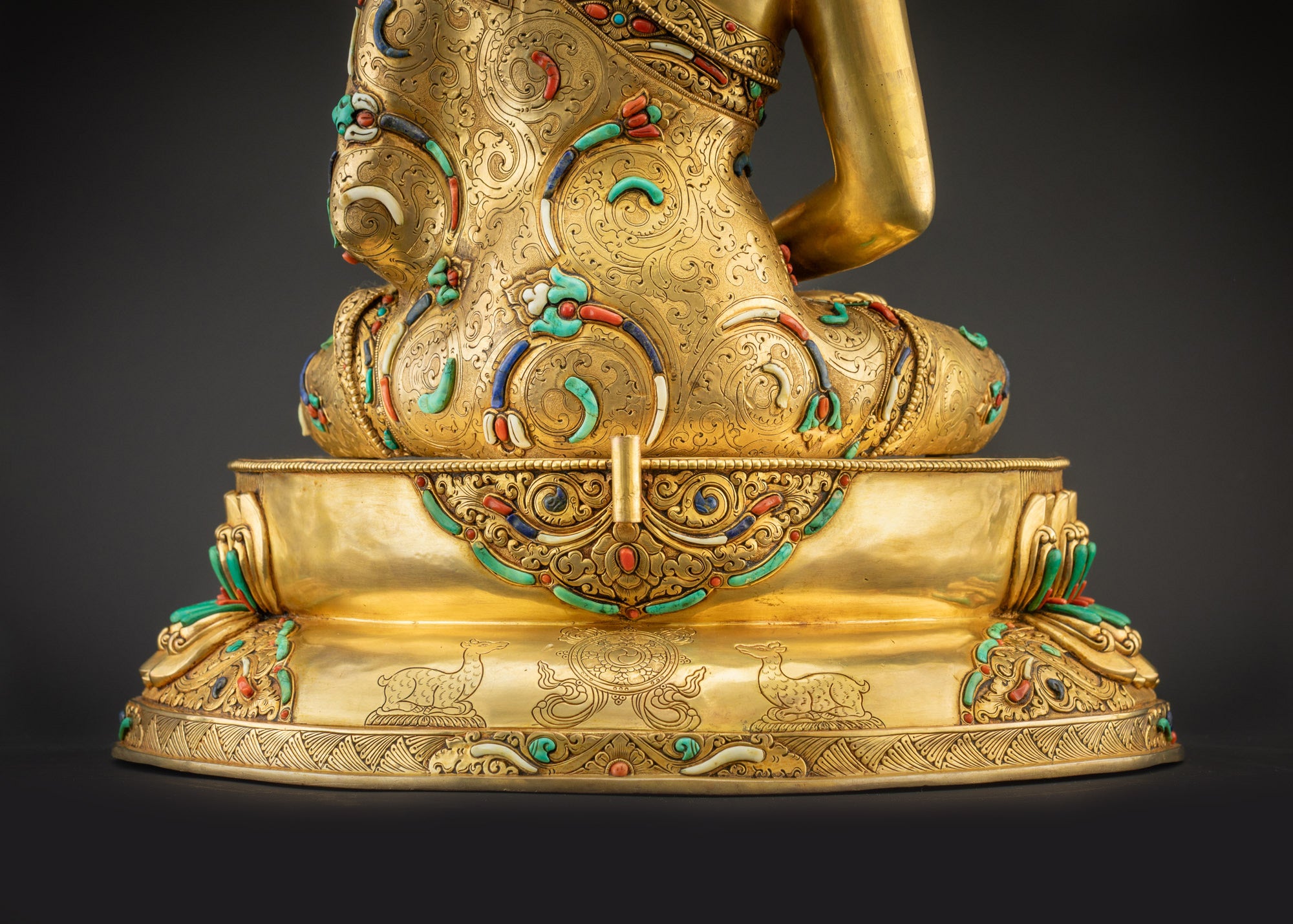 Landscape Back view Amitabha Buddha on lotus seat, deer and dharma wheel details
