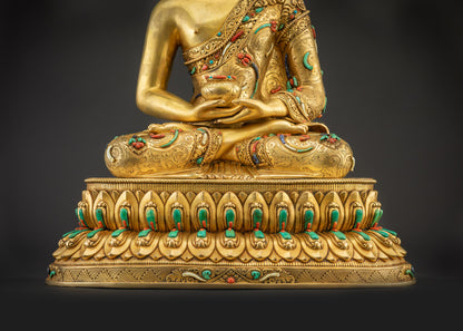 Landscape Front view Amitabha Buddha on lotus base, carved robe and halo ornaments
