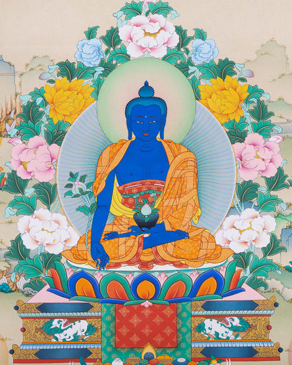 Close up of Bhaisajyaguru Buddha in Lapis Lazuli blue holding myrobalan plant