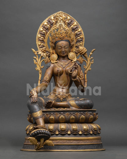 Large Green Tara statue Nepal, copper gilded, lotus throne, royal ease posture