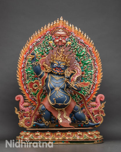 Large Vajrapani Bodhisattva statue standing on lotus pedestal, gold-gilded and adorned with semi-precious stones
