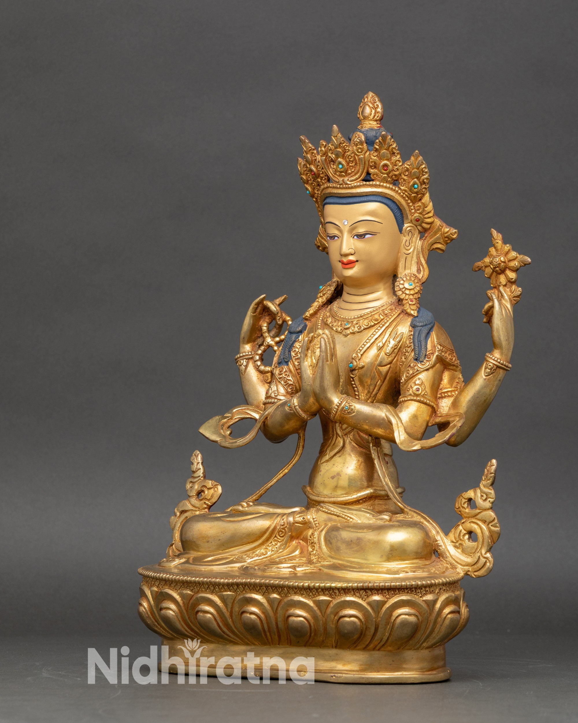 Left profile Chenrezig Avalokiteshvara statue Nepalese Buddhist altar art for meditation