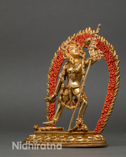 Left-side view of Dorje Naljorma statue with kartaika knife and skull cup