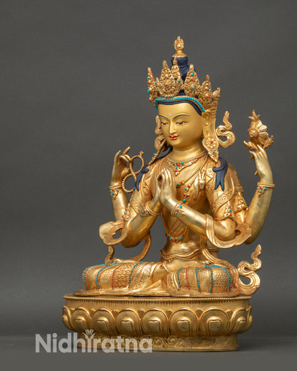 Left-side view of Four-Armed Chenrezig holding sacred objects in four hands