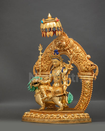 Left-side view of Simhada Chenrezig highlighting ornaments and gold fire-gilding