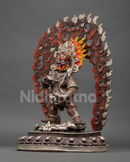 Right view Black Dzambhala statue mongoose skull cup stamping figures copper Himalayan art